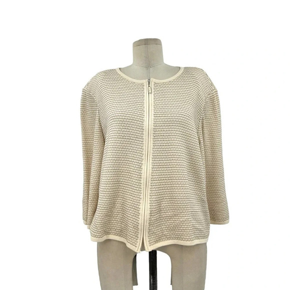 St. John Cream Ivory Stripe Knit Zip Front Sweater Jacket Size XL **Flawed‎ - Picture 1 of 10